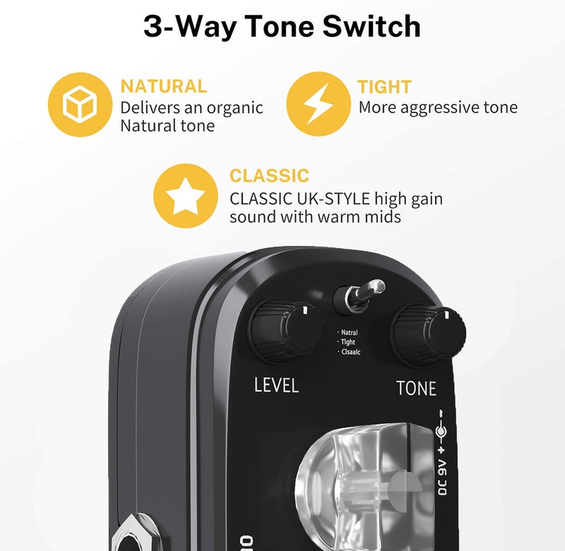 AZOR Distortion Guitar Effect Pedal 3 Modes Natural, Tight, Classic for Electric Guitar True Bypass AP-302 - Image 3